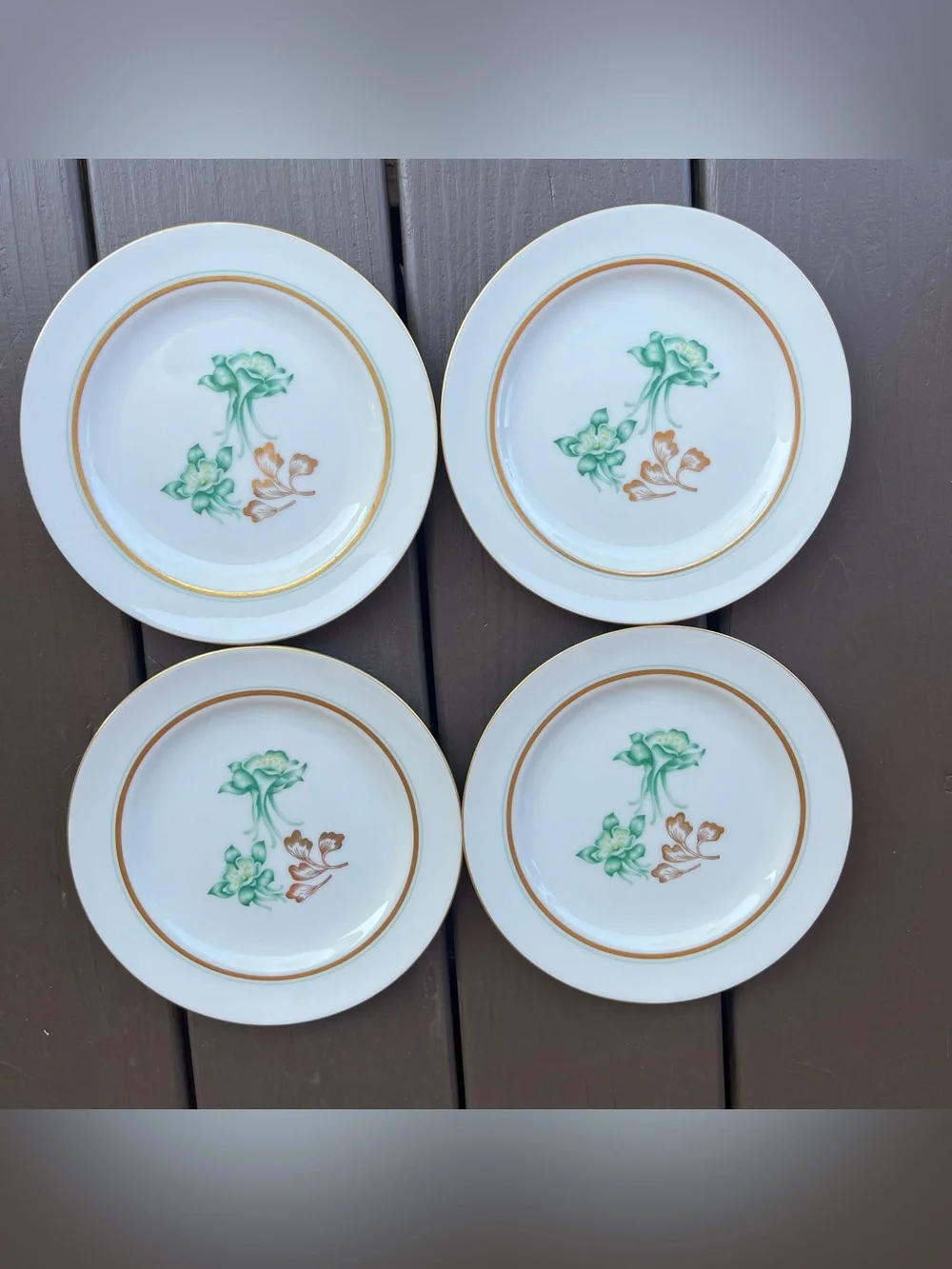 Vintage Wentworth China 4 Columbine Green Floral Salad Plates Gold Trim Cottage